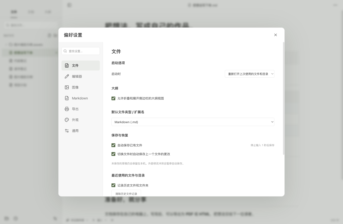 实际文件偏好设置，包含启动恢复、默认扩展名、自动保存、最近记录和拖放行为